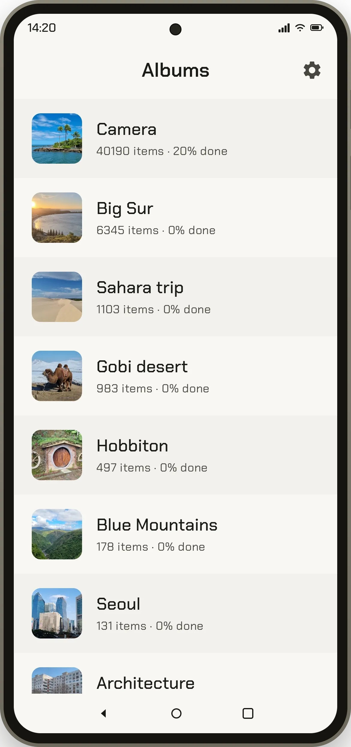 Naru's album list: rows with square thumbnails, album names and item counts with a percentage done.