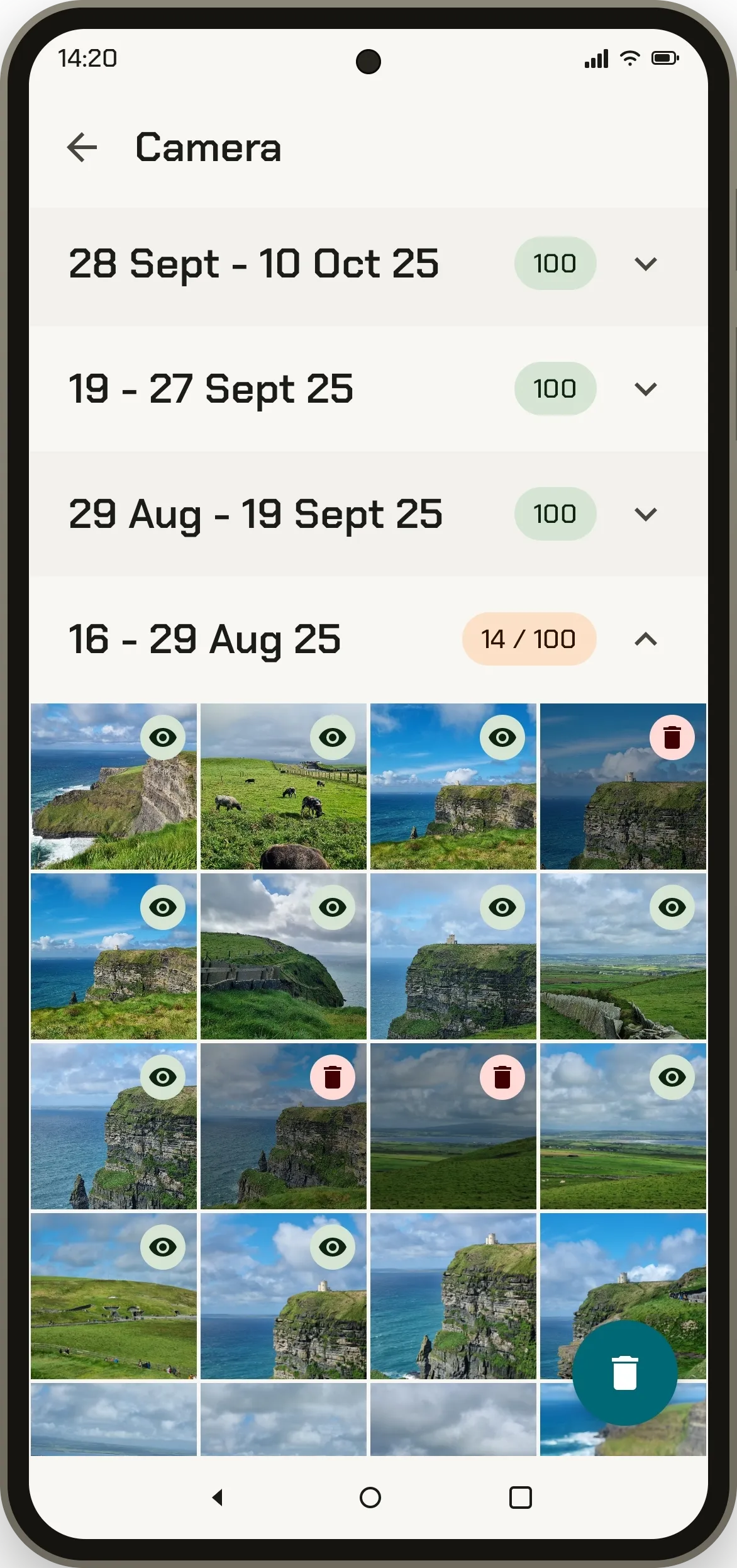 The sorter with a photo dimmed and the trash icon filled red - the marked-to-delete state.
